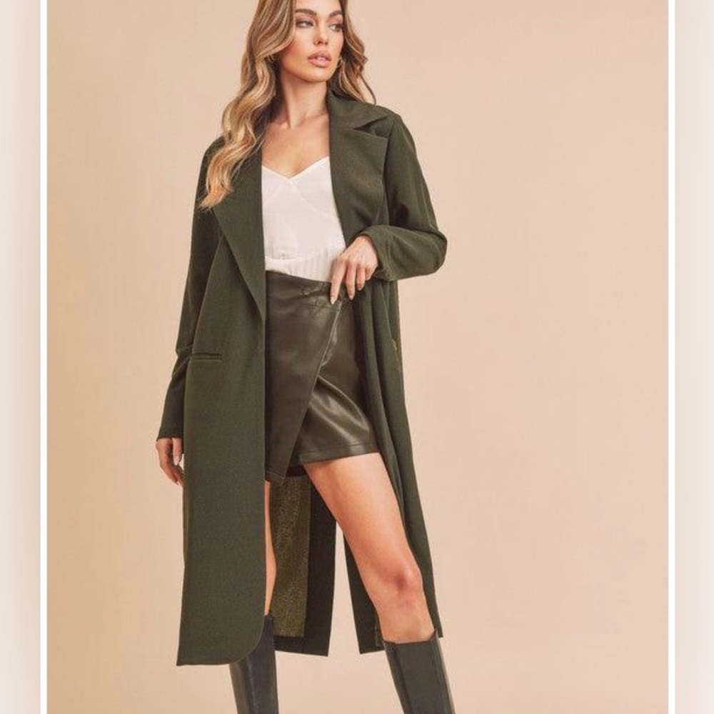 Aemi + Co Jaslyn Military Green Longline Trench Coat Duster Jacket Large